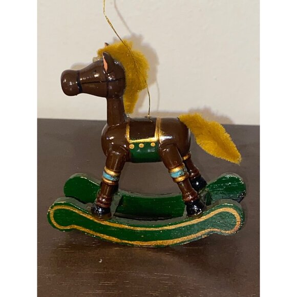 Vintage Russ Wooden Rocking Horse Miniature Ornament With Yellow Mane & Tail - Picture 2 of 8